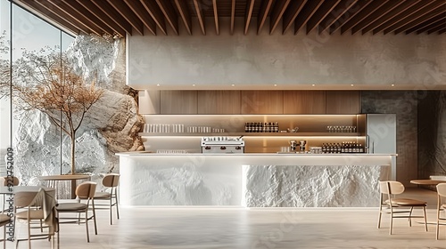 A minimal Interior design of a restaurant with table and chair along with a counter and stone cladded on wall. Generative AI.