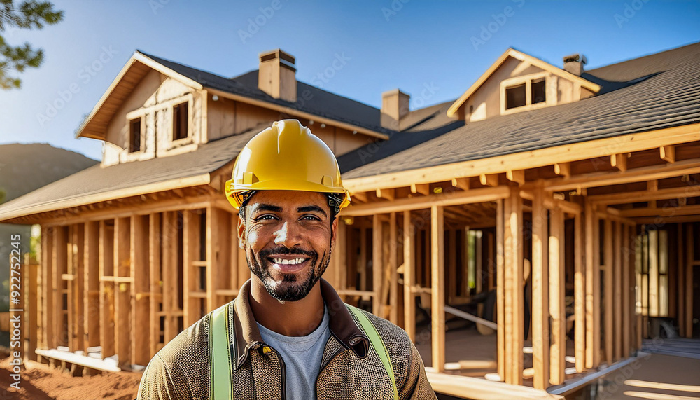 construction worker in front of residential home construction construction worker in front of residential home construction
