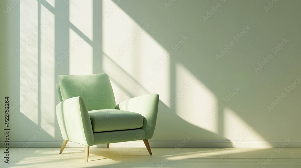 Modern and comfortable light green armchair against a light green wall and sun light coming in. Home interior design concept photo Modern and comfortable light green armchair against a light green wall and sun light coming in. Home interior design concept photo