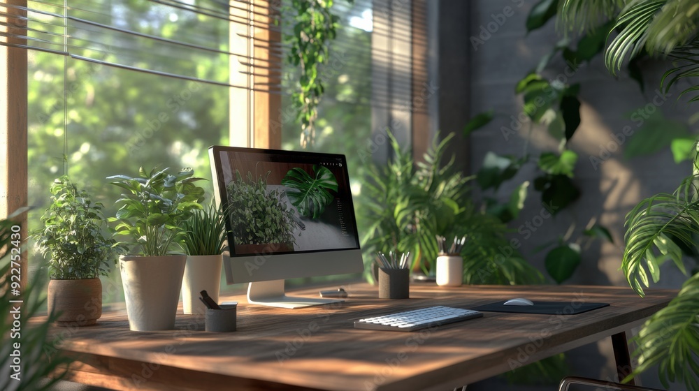 A desktop computer sitting on a wooden desk with plants in the background, AI A desktop computer sitting on a wooden desk with plants in the background, AI