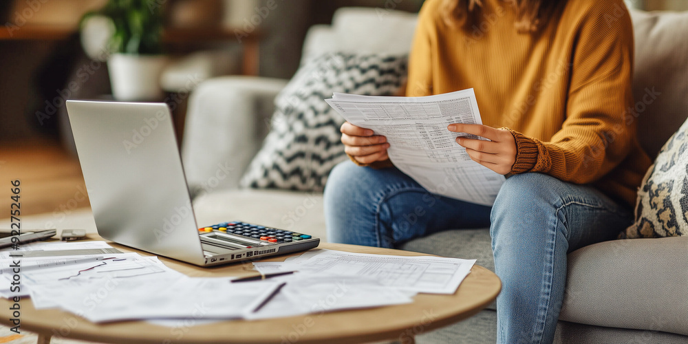 Woman managing finances from home, reviewing documents with a laptop and calculator nearby, symbolizing organized remote work in a cozy living space. Woman managing finances from home, reviewing documents with a laptop and calculator nearby, symbolizing organized remote work in a cozy living space.