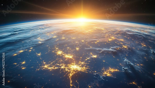 Panoramic view on planet Earth globe from space. Glowing city lights, light clouds.