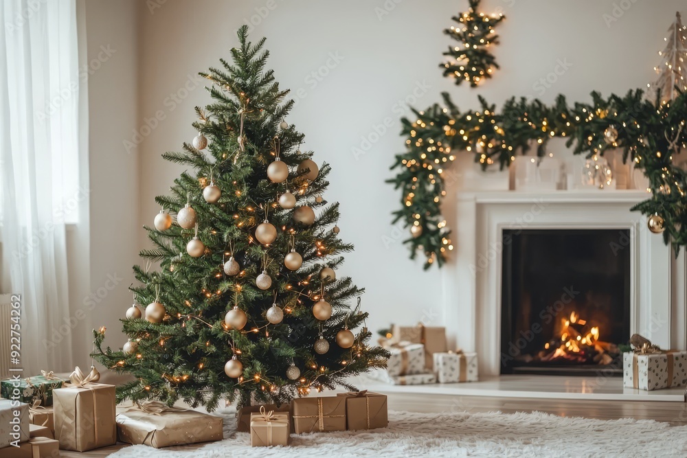 Cozy living room decorated for Christmas with a beautifully adorned tree, gifts, and a warm fireplace in the background Cozy living room decorated for Christmas with a beautifully adorned tree, gifts, and a warm fireplace in the background