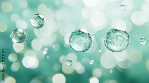 Microscopic Water World:Vibrant Water Molecule Macro - High-detail, hyper-realistic close-up of water molecules in vibrant green against a bokeh background