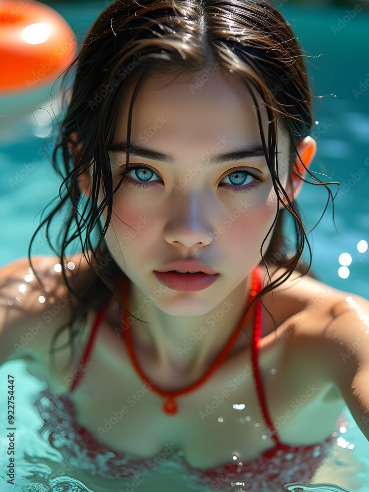 Beautiful Girl in Red Swimsuit in Swimming Pool