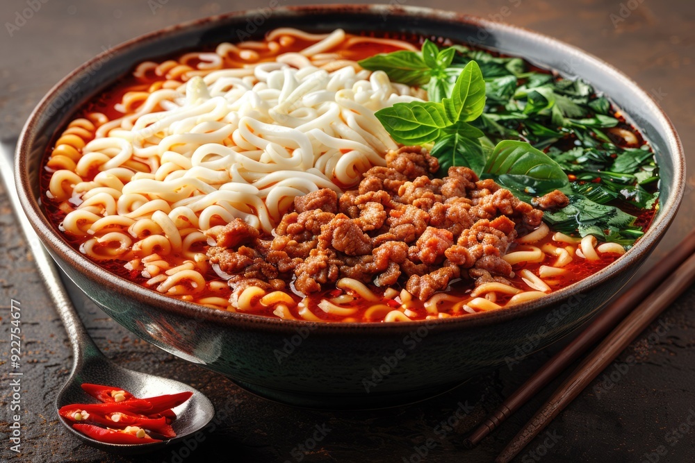 Delicious steaming bowl of braised meat with noodles and vegetables served in a rustic black pot Delicious steaming bowl of braised meat with noodles and vegetables served in a rustic black pot