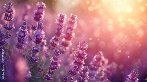 Lavender bush in selective soft focus on a summer day. Background features soothing purple and green tones with copy space