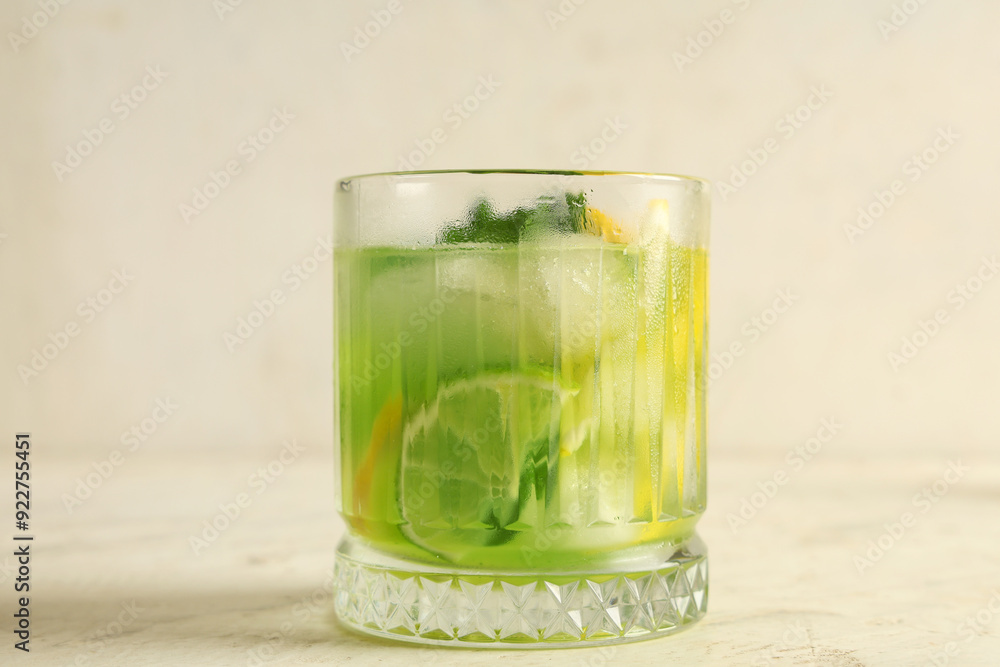Glass of tasty lemonade with lime slices and mint on white background Glass of tasty lemonade with lime slices and mint on white background