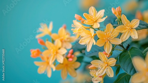 A plant in bloom with delicate white and yellow flowers in a green background, Honeysuckle (Lonicera), a genus of erect, curly, or creeping shrubs from the honeysuckle family.  photo