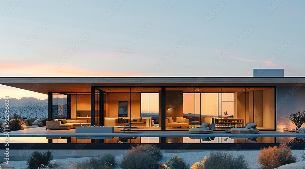 A modern desert home with large windows offering panoramic views. Generative AI. A modern desert home with large windows offering panoramic views. Generative AI.