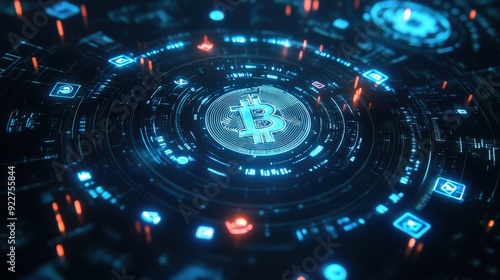 Wallpaper Mural Animated digital currency logos circling around a blockchain ledger. Torontodigital.ca