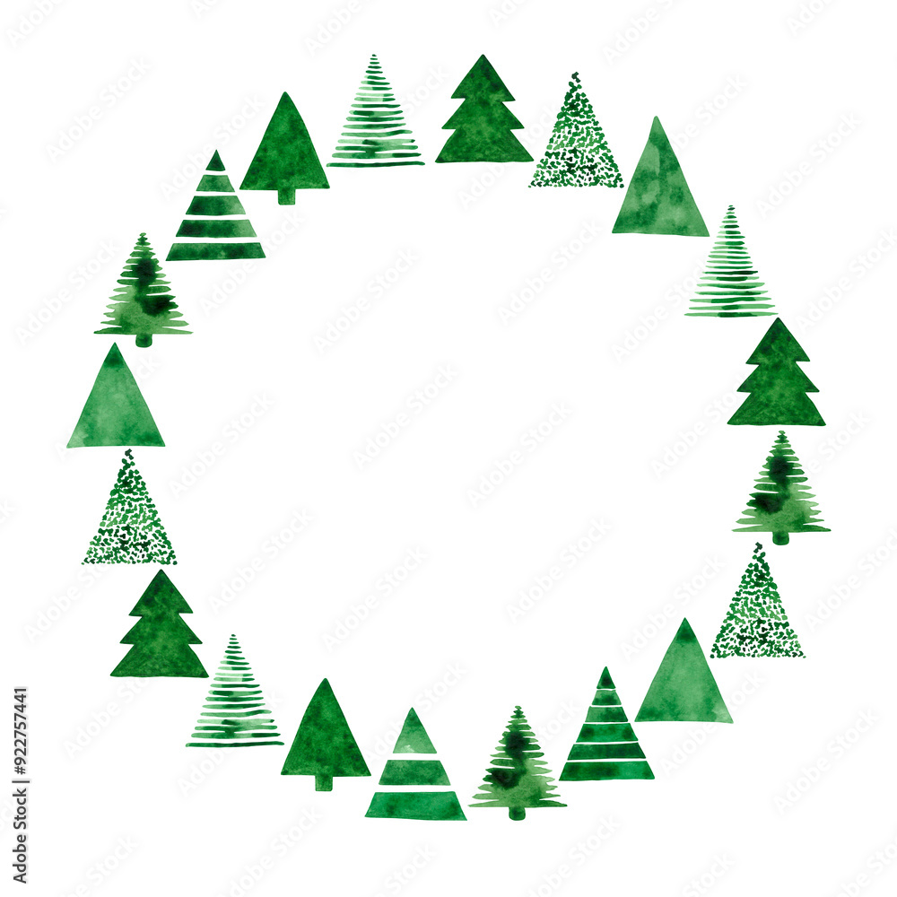 Fototapeta premium Illustration frame of small naive Christmas trees, hand-drawn with watercolors. Christmas illustration. Perfect for a postcard and any themed designs. Minimalistic drawing for Christmas and New Year