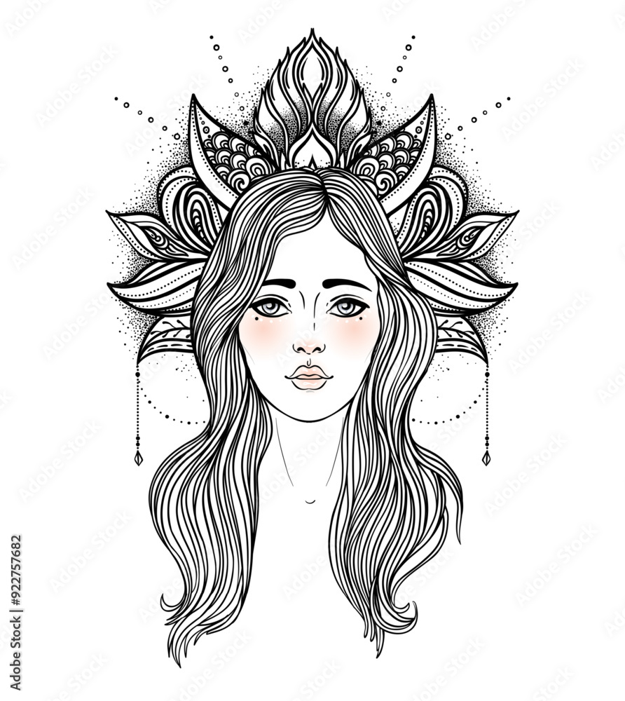 Tribal Goddess. Boho Girl over black and white ornate mandala. Vector ornate decorative illustration isolated on white. Buddhism esoteric motifs. Tattoo, spiritual yoga. Coloring book. Tribal Goddess. Boho Girl over black and white ornate mandala. Vector ornate decorative illustration isolated on white. Buddhism esoteric motifs. Tattoo, spiritual yoga. Coloring book.