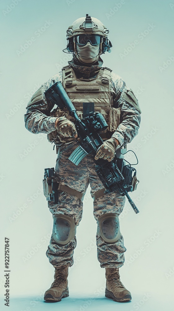 A determined armored assault vehicle crew member in full combat gear, preparing for a mission in a light solid color background A determined armored assault vehicle crew member in full combat gear, preparing for a mission in a light solid color background