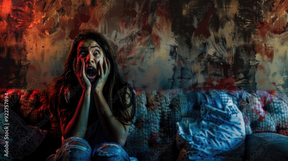 A woman sits on a couch with a bloody face, possibly after an accident or violence A woman sits on a couch with a bloody face, possibly after an accident or violence