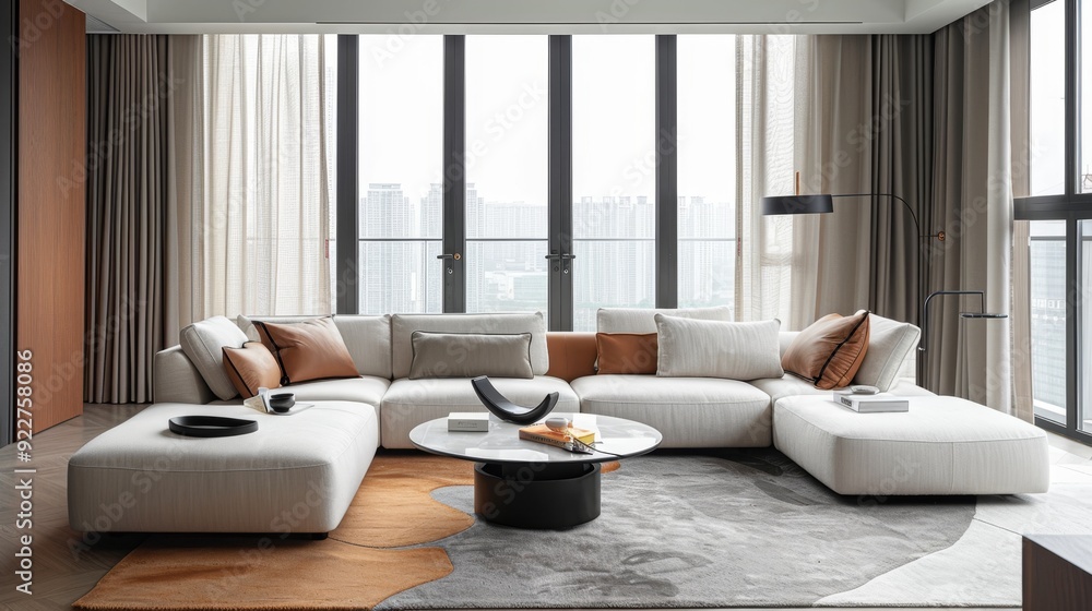 Modern living room with large sectional sofa and panoramic city view in ...