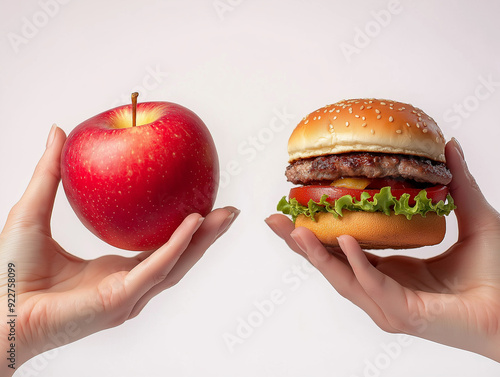 and holding apple fruit and the other holding hamburger, comparing healthy versus unhealthy food