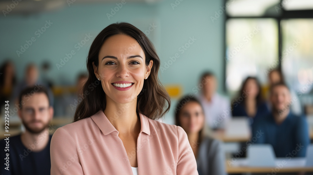 Fototapeta premium Confident woman leading a diverse team in a vibrant creative workspace, showcasing innovation and collaboration, diverse team, creativity, leadership, innovation, teamwork