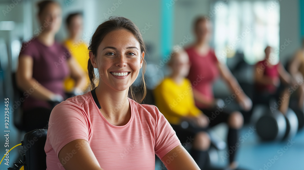 Smiling woman with a disability participating in a fitness class with diverse participants, highlighting inclusion and strength, disability, fitness, inclusion, strength, diverse p Smiling woman with a disability participating in a fitness class with diverse participants, highlighting inclusion and strength, disability, fitness, inclusion, strength, diverse p