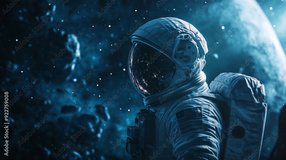 A focused astronaut in a spacesuit gazing at the stars, surrounded by a vast, dark universe A focused astronaut in a spacesuit gazing at the stars, surrounded by a vast, dark universe