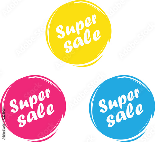 Super sale tag design. yellow, pink and blue color vector Circle tag design set. 