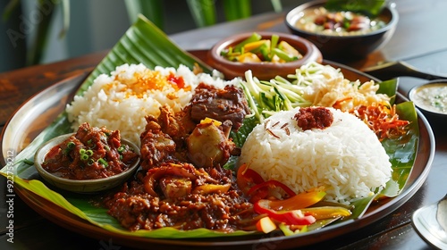 Beautifully arranged plate of nasi kapau featuring steamed rice, beef rendang, ayam pop, and spicy sambal on a banana leaf, showcasing traditional Padang-style cuisine and rich flavors photo