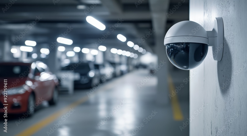 A stateoftheart hightech IP security camera has been expertly installed in a parking garage, actively monitoring the area to provide enhanced safety and improve surveillance capabilities A stateoftheart hightech IP security camera has been expertly installed in a parking garage, actively monitoring the area to provide enhanced safety and improve surveillance capabilities