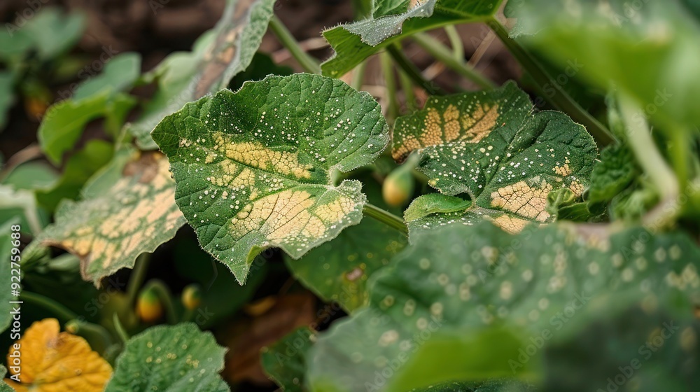 A cucumber leaf showing visible signs of disease, with discoloration and damage on its surface. A close-up, detailed view highlighting agricultural challenges and plant health issues A cucumber leaf showing visible signs of disease, with discoloration and damage on its surface. A close-up, detailed view highlighting agricultural challenges and plant health issues