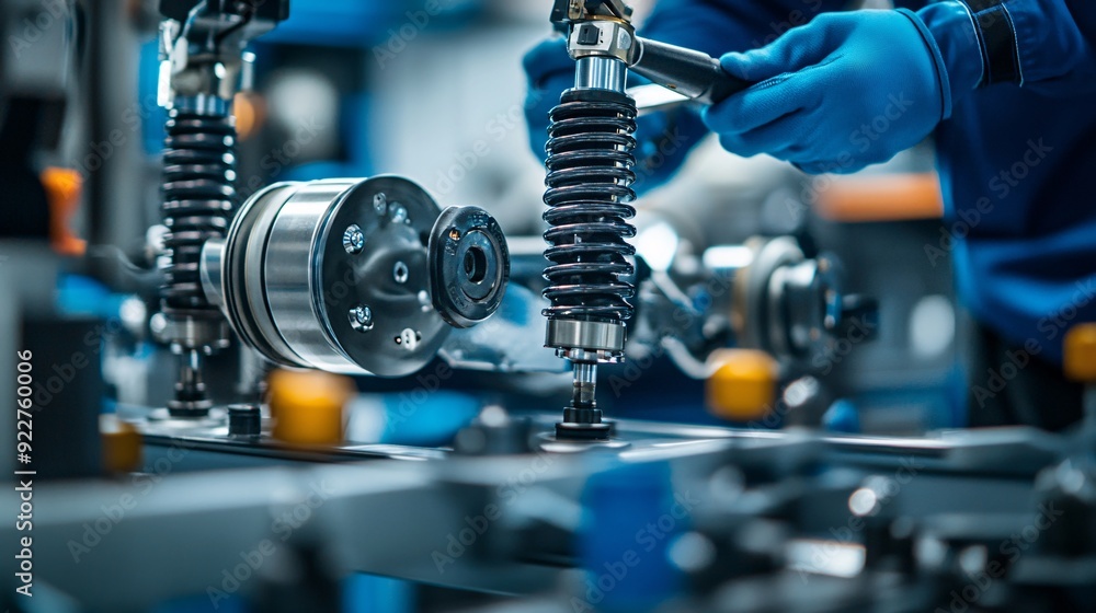 An automotive engineering technician examining a car's suspension system with precision tools on a clean workbench An automotive engineering technician examining a car's suspension system with precision tools on a clean workbench