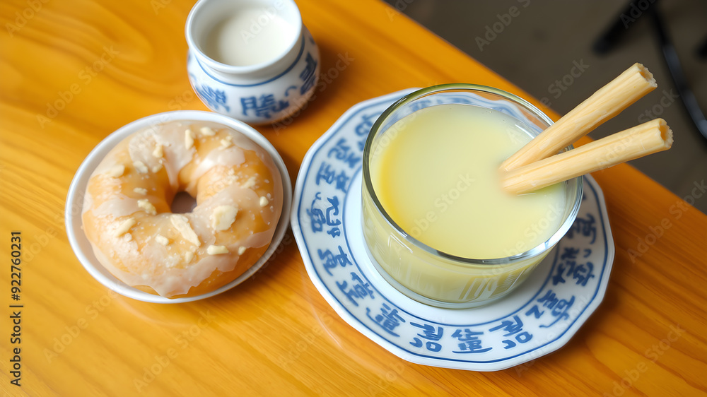 Chinese Doughnut and Pandan Custard with milk tea,Youtiao, chinese bread stick, Thai called Patongko. Generative AI Chinese Doughnut and Pandan Custard with milk tea,Youtiao, chinese bread stick, Thai called Patongko. Generative AI