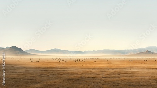 Wide Open Landscape with Hay Bales in a Misty Valley