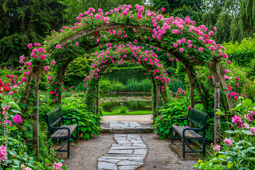 Garden arbor arches covered with pink flowers, pair of benches, lush landscaping with pond, outdoor exterior design photo