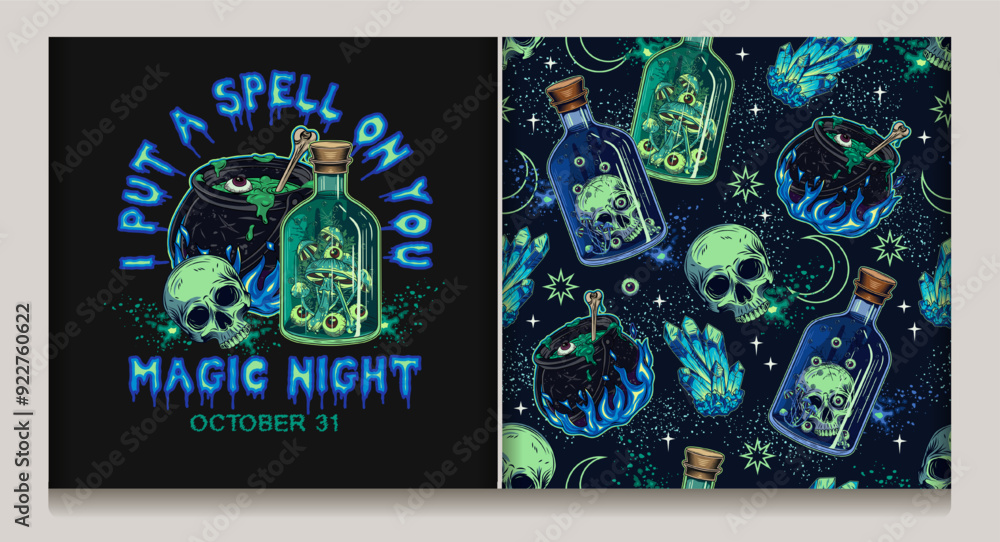 Halloween surreal pattern, label with glass bottle of poison with human skull. Glowing magic crystals, witch cauldron, sparks, stars, moon. Witchy, mystical, surreal illustration. Not AI Halloween surreal pattern, label with glass bottle of poison with human skull. Glowing magic crystals, witch cauldron, sparks, stars, moon. Witchy, mystical, surreal illustration. Not AI