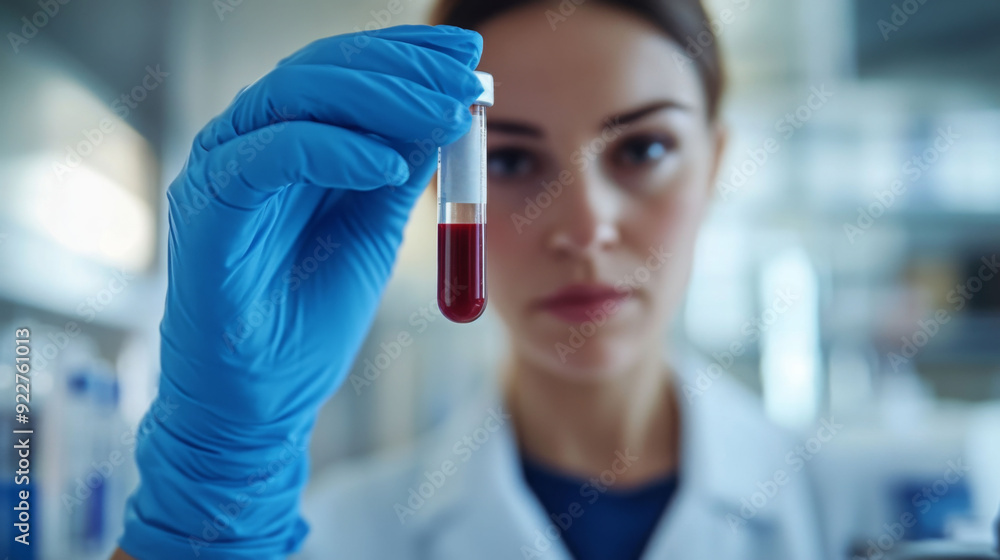 A focused scientist holds a blood sample in a laboratory, wearing blue gloves, highlighting medical research, diagnostics, and laboratory work A focused scientist holds a blood sample in a laboratory, wearing blue gloves, highlighting medical research, diagnostics, and laboratory work
