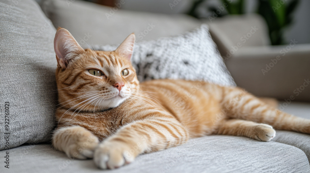 A ginger cat comfortably lounges on a soft sofa, exuding relaxation and contentment in a cozy home environment A ginger cat comfortably lounges on a soft sofa, exuding relaxation and contentment in a cozy home environment