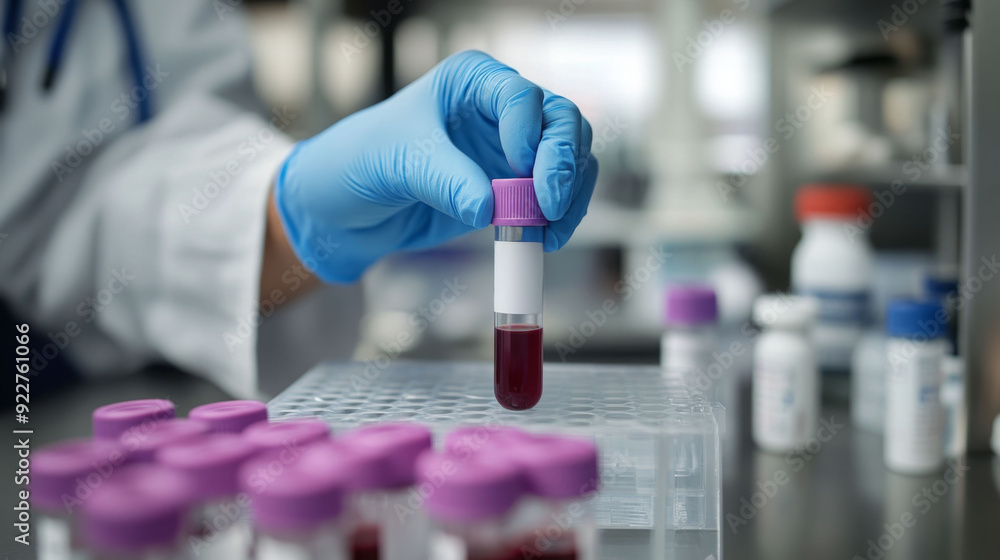 A laboratory technician wearing blue gloves carefully handles a blood sample vial, emphasizing medical testing, research, and laboratory procedures A laboratory technician wearing blue gloves carefully handles a blood sample vial, emphasizing medical testing, research, and laboratory procedures