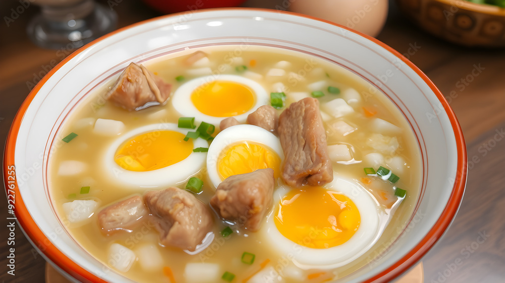 Congee or rice porridge with pork and eggs, thai food, asian food, chinese food. Generative AI Congee or rice porridge with pork and eggs, thai food, asian food, chinese food. Generative AI