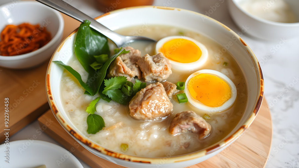 Congee or rice porridge with pork and eggs, thai food, asian food, chinese food. Generative AI Congee or rice porridge with pork and eggs, thai food, asian food, chinese food. Generative AI