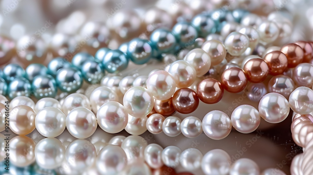 Close-up of white, blue, and peach pearls strung together. Close-up of white, blue, and peach pearls strung together.