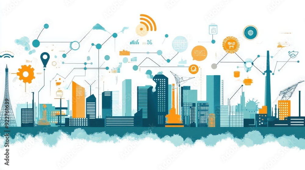 Obraz premium Concept of economic innovation with various industry icons and graphs.