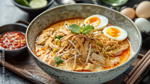 Delicious bowl of Betawi laksa with rich coconut milk noodle soup, garnished with shredded chicken, boiled eggs, and fried shallots, served with a side of sambal for an authentic taste photo