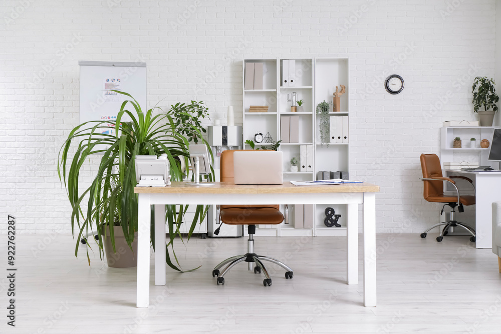 Fototapeta premium Interior of light office with workplace, armchair, shelving unit and houseplant