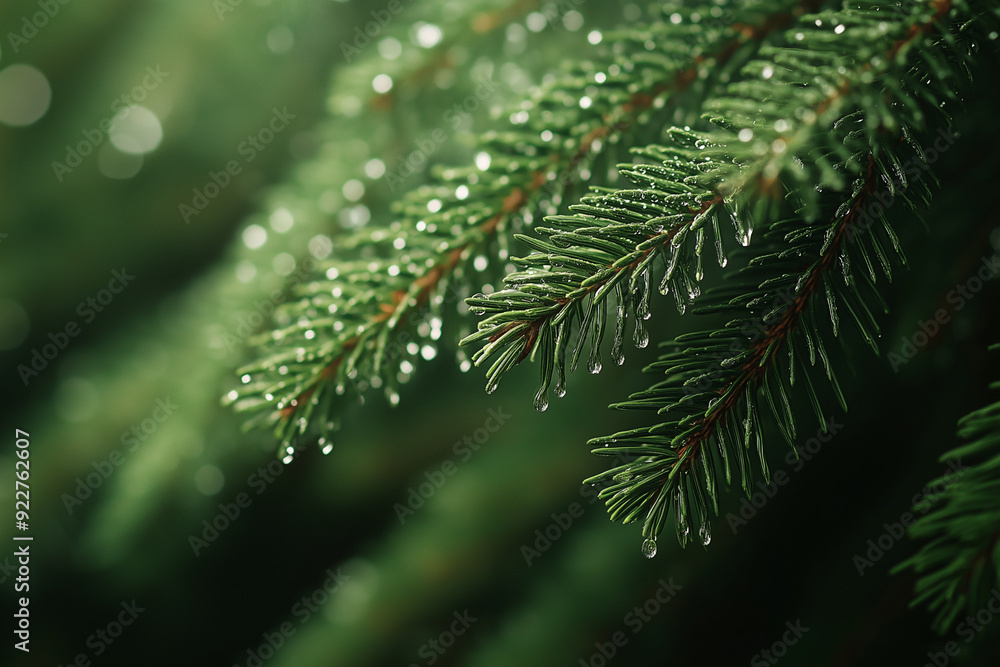 Green spruce branch with drops, close-up photo pine , Christmas tree background Green spruce branch with drops, close-up photo pine , Christmas tree background