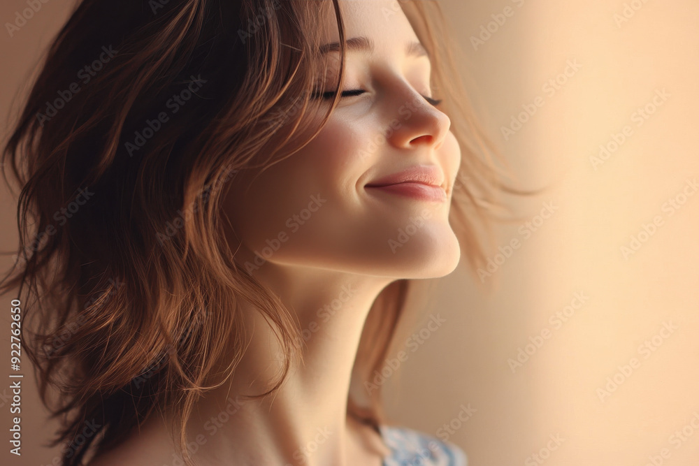 A close up of a woman's face with her eyes closed