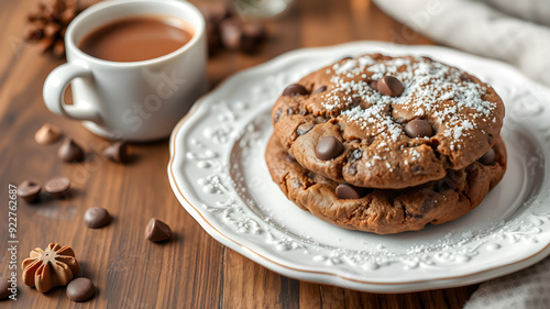 Wallpaper Mural chocolate chip cookie on white plate with hot cocoa. Generative AI Torontodigital.ca