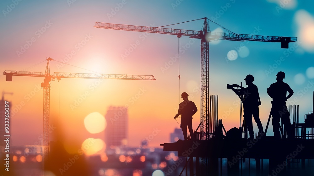 Fototapeta premium Silhouettes of Construction Workers at Sunset