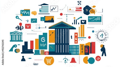Digital representation of a national economy with various sector icons.