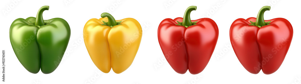 Four peppers of different colors are shown in a row Four peppers of different colors are shown in a row