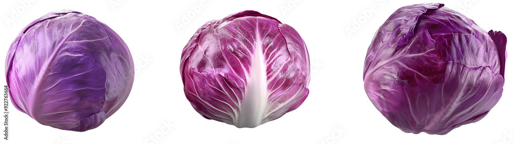 Three purple cabbage heads are shown in a row Three purple cabbage heads are shown in a row