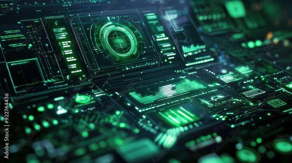 Green themed digital interface with holographic elements and tech symbols Green themed digital interface with holographic elements and tech symbols
